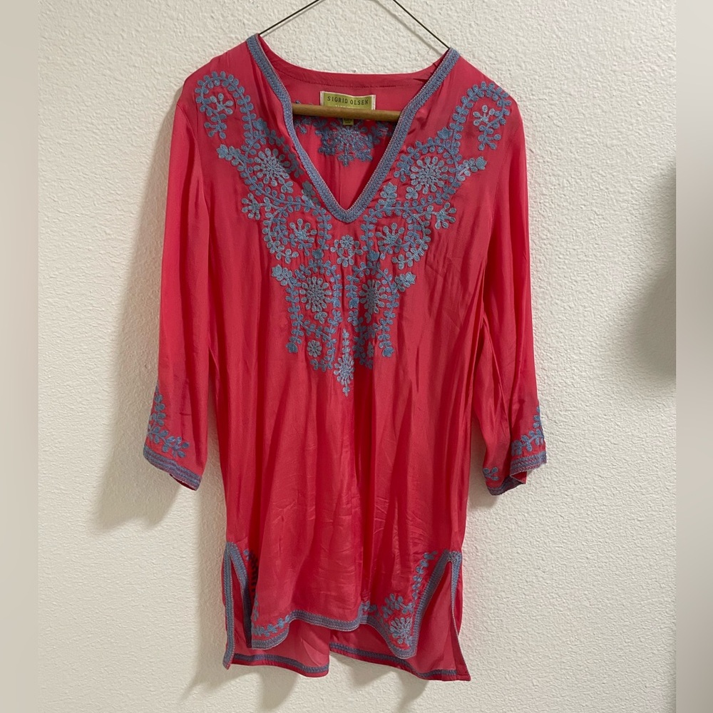 Sigrid Olsen Vibrant Pink and Blue Embroidered Tunic